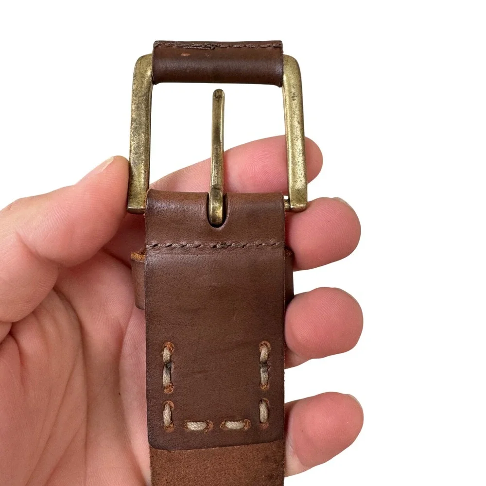 Timberland Mens‎ Brown Genuine Leather Belt Size 36 Brass Buckle Logo Embossed